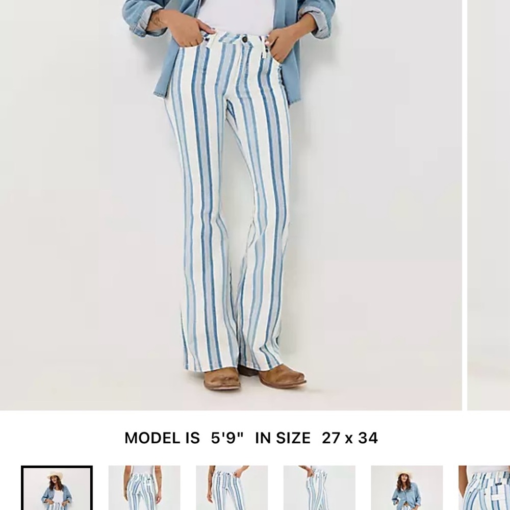 Wrangler Retro High Rise Flare Jeans Women Blue White Railroad Stripe Y2K 28x34